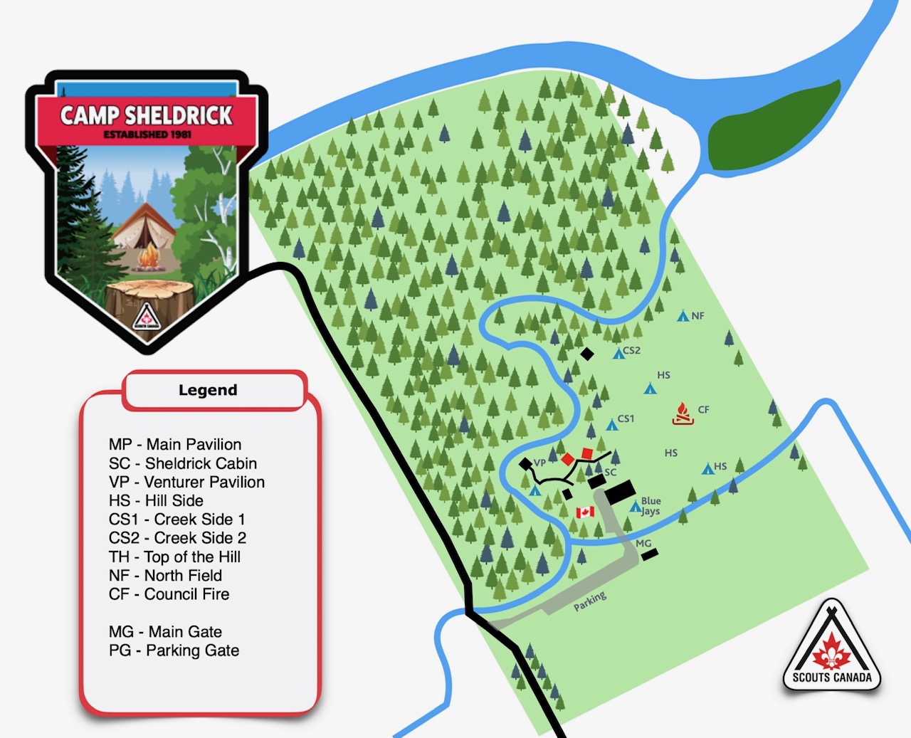Map concept of the whole camp, provided by Marc Chamberland. The image outlines the full 53 acres of the camp, showing existing structures in the South fields, as well as the full North field, where groups can conduct backwoods experiences.